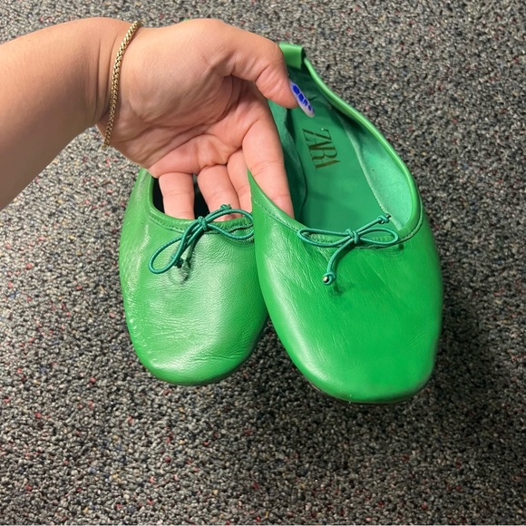ZARA Bright Green Colorful Ballet Flats Leather Bow Soft Shoes Square Toe Sz 7.5 - Picture 6 of 16